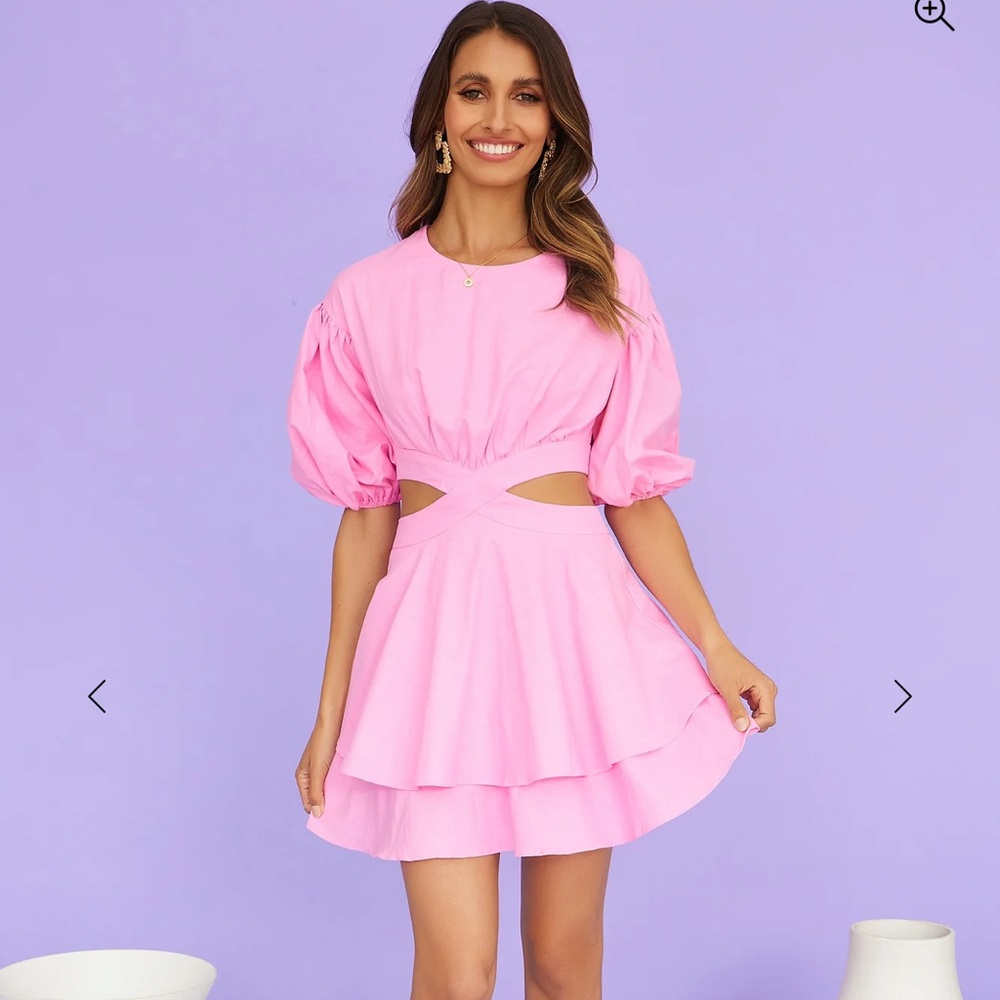 All about May Cutout Puff-Sleeve Mini Dress in Pink NWT
